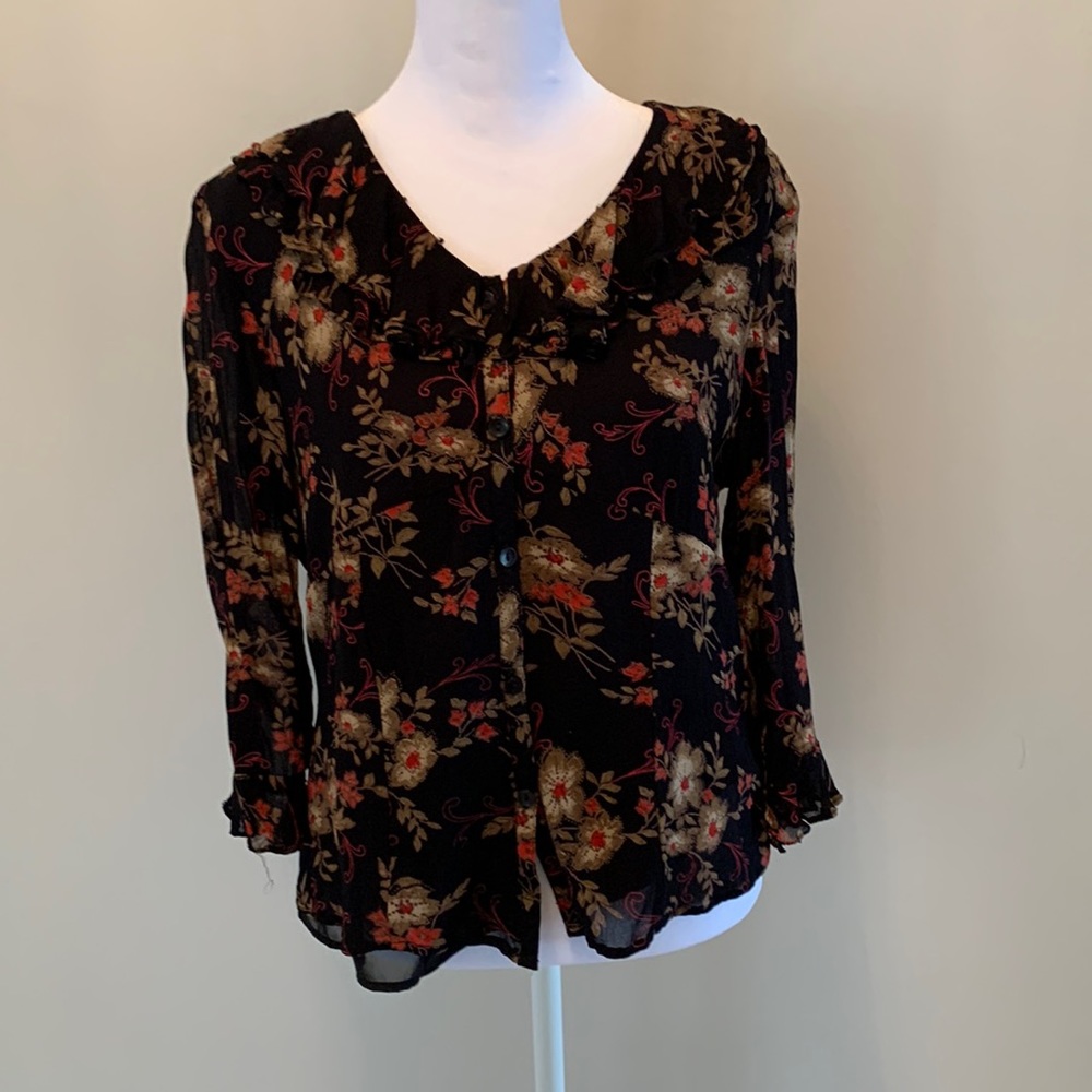 Women’s blouse, by JM Collection, size 8, black with gold and red flower design.